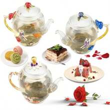 Tetera de vidrio - 300 ml 10 oz con decoración de flores, tetera de vidrio resistente al calor con borde dorado con hoja y patrón floral retro, juego de té (rosa) - Rosa - Ver 7