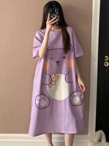 Camisón de mujer de cuello redondo lindo, estampado de oso de dibujos animados de manga corta, primavera/verano - Morado - Ver 4