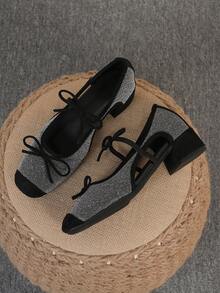 方头粗跟一脚蹬鞋，百搭蝴蝶结装饰鞋，时尚乐福鞋，黑色高跟鞋，尺码偏大一码，尺码 35-43 - 黑滿天星中空(雙蝴蝶結) - 查看 12