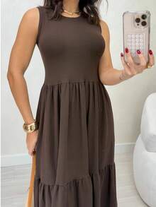Comfortable 100% Cotton Viscose/Lycra Midi Dress With Tank Top, Perfect For Modest Fashion, Blogger Style. - Rỉ Nâu - Xem 2