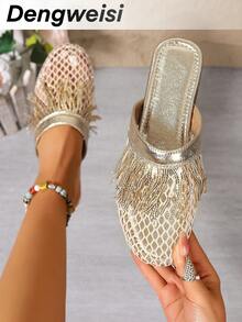 Sandal đế bằng kiểu Bohemian phối lưới vàng, tua rua, thoáng khí, mũi tròn, đa năng, thoải mái, thích hợp đi làm hàng ngày, đi biển, nghỉ dưỡng, mùa xuân hè cho nữ. - Vàng - Xem 7