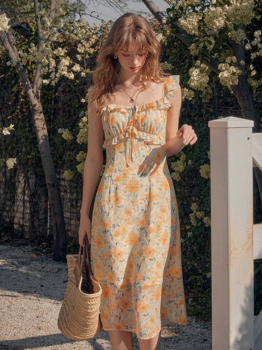 Simple Retro Đầm dài dáng suông cổ vuông thắt eo phối màu dành cho nữ mùa xuân hè, họa tiết hoa toàn thân màu vàng, lãng mạn, thanh lịch, cổ điển, ôm sát. - Màu vàng - Xem 1