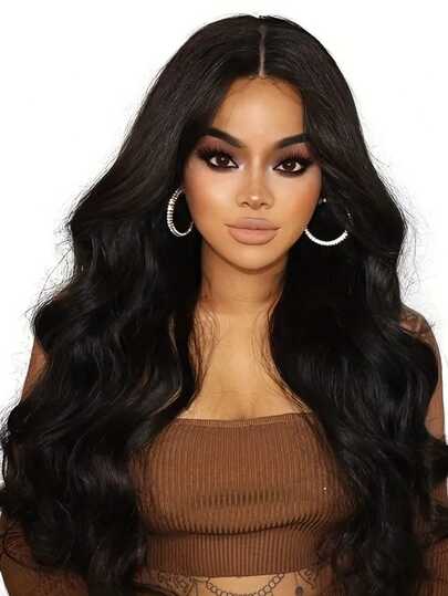 Women's Black Medium Split Long Curly Hair Wig - European And American Style, Big Wave Design