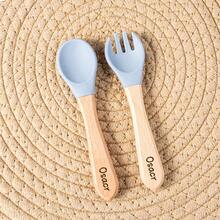 Customized Text Logo Fork & Spoon Set, Silicone Utensils With Wooden Handles, Personalized Name Engraved, Vibrant Colors Suitable For Young People, Durable Cutlery - Multicolor - View 9