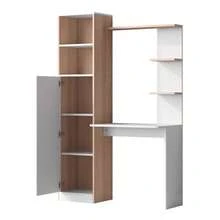 Desk/Work Table With Storage – White With Contrasting Slatted Wooden Top, Lower Cabinet With Doors And Open Upper Shelf, Office Design, 123.5 X 45 X 168.5 Cm