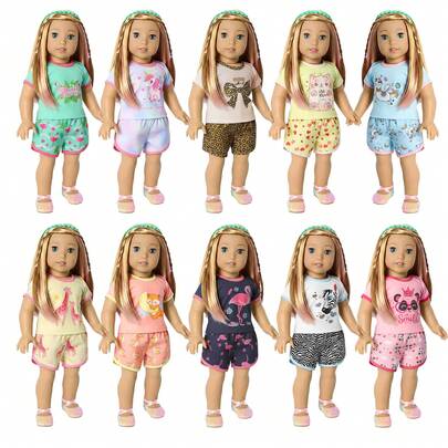 18" American Girl Doll Summer Short Sleeve Pajama Set, Bald Doll With Shorts Outfit