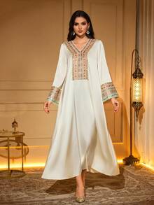 Elegant Long Arabic Style Dress, V-Neck, Embellished With Applique Details, Woven Fabric, Long Sleeve - Apricot - View 4