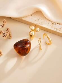 4pcs/Set Bohemian Geometric Asymmetrical Hug Wide Band Fashion Resin Ring Set, Luxurious Casual Party Daily Wedding Holiday Versatile Charm Jewelry Ring Gift For Women - Ring - View 7