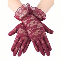 SATINIOR Ladies Lace Gloves For Women Tea Party Elegant Short Courtesy Gloves For Wedding Dinner Opera Parties,Burgundy - 玫瑰紅色 - 查看 8