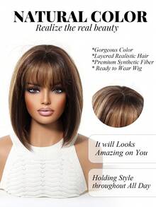 12-Inch Multicolor Short Bob Wig With Bangs Is An Elegant And Fashionable Women's Wig. It Is A Heat-Resistant Synthetic Woven Wig Suitable For Festivals, Travels, Costume Parties, Family Gatherings, Role-Playing Actors, Weddings, And Daily Wear. It Is A Festival Gift For Women - 彩色 - 查看 3