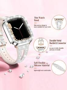 1 Set Apple Glitter Silicone Color Changing Watch Band + Double Row Rhinestone Watch Case Protector Compatible With 38/40/41/42/44/45/49mm Ultra/SE/8/7/6/5/4/3/2/1 - Silver + Silver - View 2
