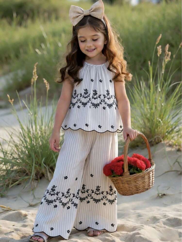 Young Girl' Retro Striped Print Sleeveless Outfit, Vintage Striped Design With Delicate Embroidered Hem, Sleeveless Top + Wide Leg Pants, Comfortable And Stylish, Suitable For Daily Wear, Vacation, Family Gathering, Spring/Summer - Beige - View 3