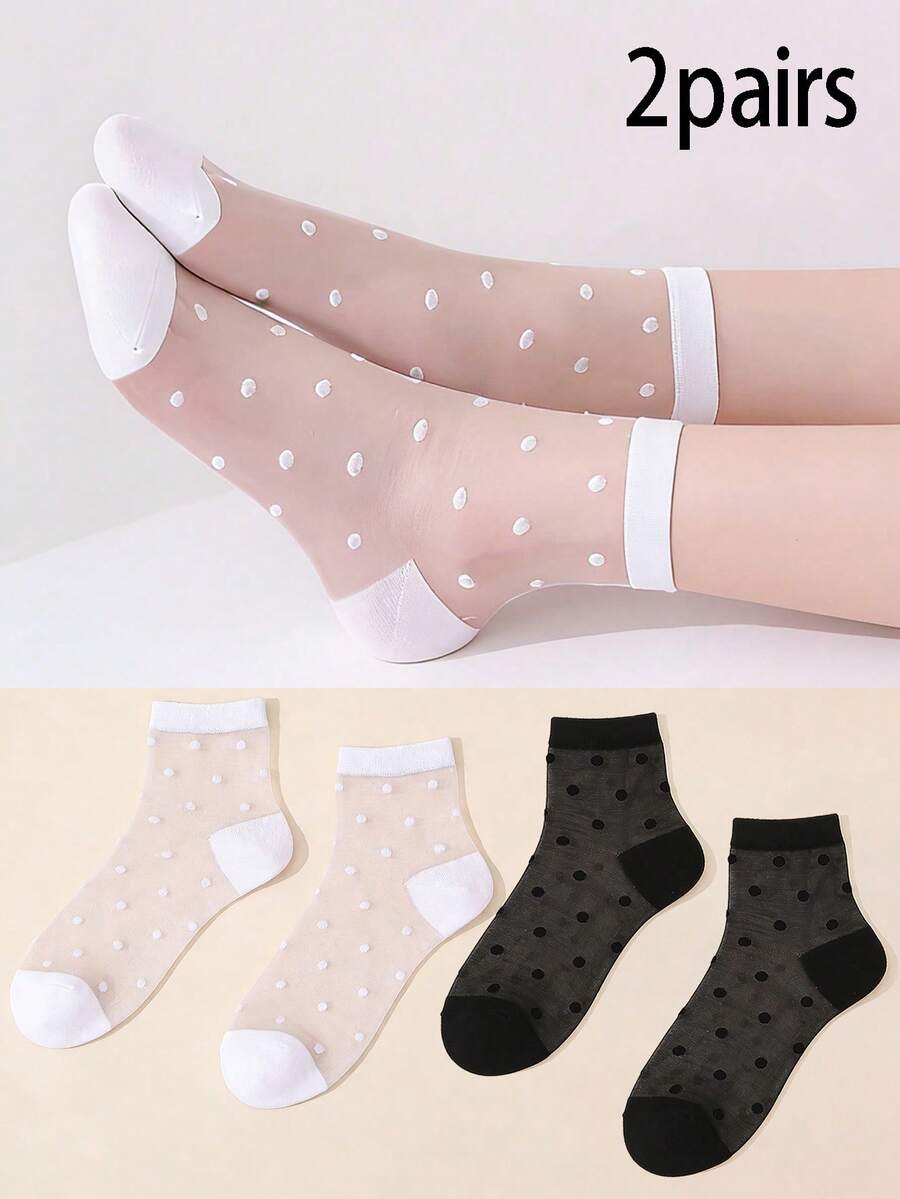 2双装女童波点网眼透气薄款短袜，可爱甜美，适合女孩日常穿着，春夏款 - 彩色 - 查看 1
