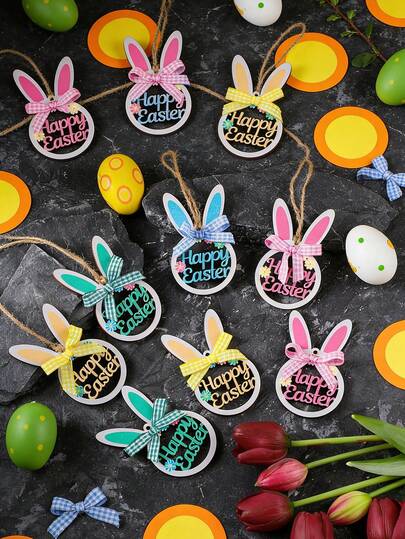 4件套复活节兔子树挂饰 | 木质悬挂兔子装饰，配格子领结和绳子 - 可爱的春季家居花园复活节装饰品