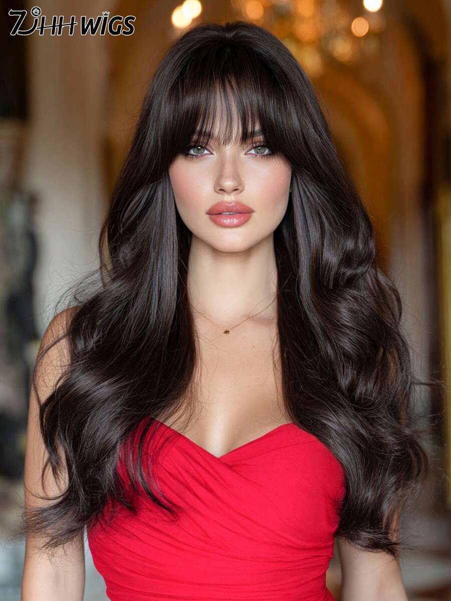 7JHH WIGS 26英寸长款深棕色波浪卷发假发，带刘海，黑色/棕色合成纤维卷发假发，全机编织，高密度，耐热，适合女性日常佩戴、音乐节角色扮演等场合。