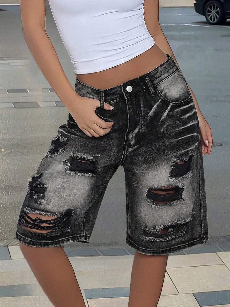 返校季Y2K街头风牛仔短裤，猫须图案做旧毛边斜插口袋直筒休闲短裤，适合约会、派对等场合，舒适高品质，春夏百慕大牛仔短裤，女款 - 煙黑色 - 查看 1