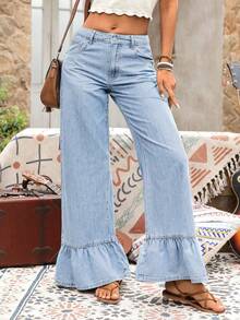 Quần jeans ống rộng xếp ly, quần denim xanh dáng rộng thoải mái, phong cách nghỉ dưỡng, thích hợp cho những buổi đi chơi thường ngày, du lịch vào mùa xuân, hè, thu và đông. - Màu xanh lam - Xem 5