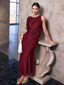 Sollinarry 女士新款时尚两件套连衣裙，酒红色，包含吊带上衣和条纹中长裙，适合约会和派对穿着 - 酒紅色 - 查看 7