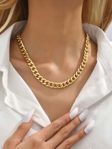 1pc Punk Style Thick Metal Chain Necklace For Women - Yellow Gold - View 12