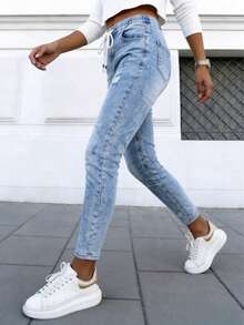 女用牛仔褲 帶彈性 破洞口袋 秋季 抽身褲 女式抽繩褲子 多色 口袋 彈性自在 秋天女褲 Women Pants, MOM FIT COLORS PANTS , Women Boyfriend Pant, women jeans women pant with heart buttons Drawstring Stretch Patched jeans women pant with heart buttons Drawstring Stretch Patched Sminal Monbendion nendununy Bfristring Stretch P. Autumn - 牛仔淺藍色 - 查看 2