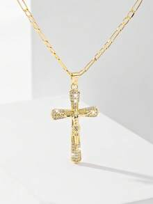 1pc Classic European Style Copper Inlaid Zirconia Jesus Cross Pendant Necklace, Limited Edition "Light Of Protection", Suitable For Christmas, Thanksgiving, Halloween, Mother's Day, Valentine's Day, Gifts For Couples, Friends, Church Members, First Holy Communion, Daily Wear And Prayer - Yellow Gold - View 3