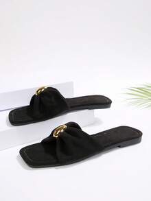 黑色方头褶皱平底拖鞋，金属搭扣，绒面革套脚沙滩鞋，优雅休闲百搭女士平底拖鞋，夏季新款 - 黑色 - 查看 12