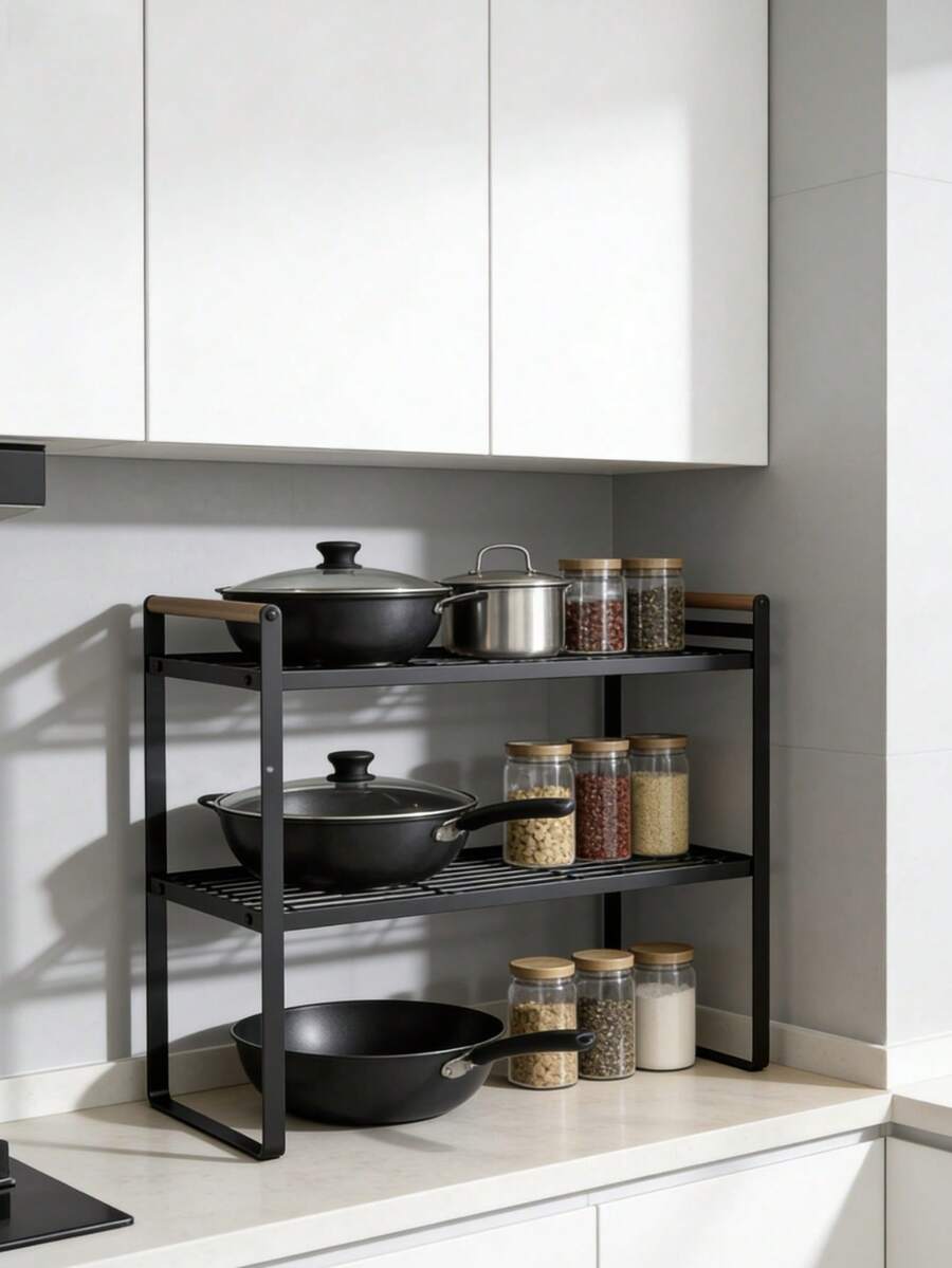 Double-Tier Countertop Storage Rack, Heavy-Duty Metal Kitchen Organizer Shelf For Plates, Bowls And Cookware - Black - View 1