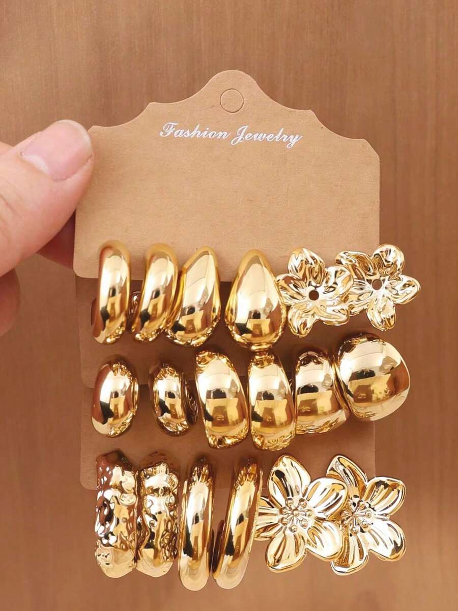 6-18pcs Gold-Tone Fashion Earring Set, Stylish & Elegant, Suitable For Daily, Party, And Event Wear