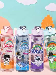 1个750毫升/26盎司可爱卡通宇航员主题塑料吸管水瓶，带提手，防漏瓶口，便携耐用，倒置防溢，适合跑步、骑行、旅行、节日和生日礼物