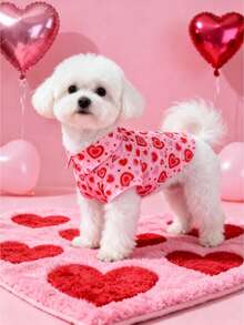 1pc Pet Dog Romantic Stylish Valentine's Day Outfit, Soft & Comfortable/Contrast Heart Print/Designed Short Sleeve Shirt, Suitable For Puppy/Small Dogs In Spring, Summer, Autumn, Valentine's Day Party Wear, Versatile - Pink - View 1