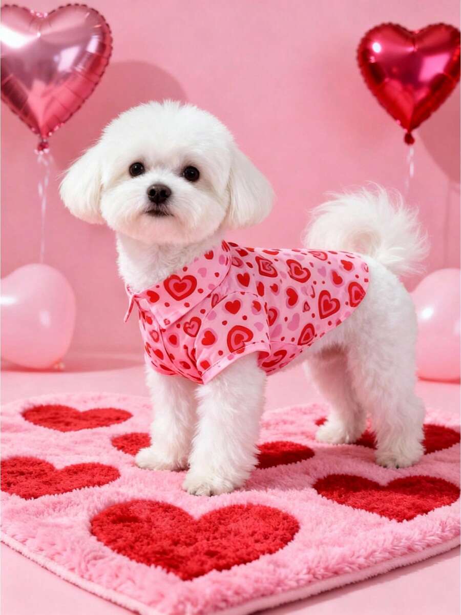 1pc Pet Dog Romantic Stylish Valentine's Day Outfit, Soft & Comfortable/Contrast Heart Print/Designed Short Sleeve Shirt, Suitable For Puppy/Small Dogs In Spring, Summer, Autumn, Valentine's Day Party Wear, Versatile - Pink - View 1