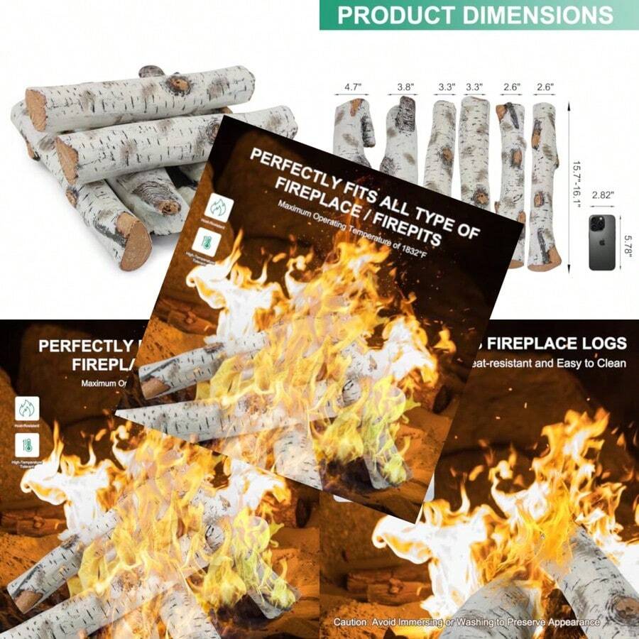 Gas Fireplace Logs Ceramic White Birch Wood Gas Logs For Indoor Insert Vented Propane Electric Gas Fireplace Linear Fire Pits Ceramic Fiber Outdoor Gas Fireplace Fire Pit 6pcs Logs Decor - As Pic - View 1