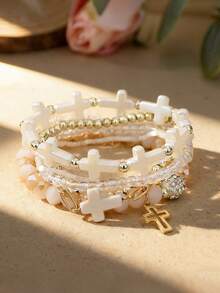 7-Piece Bohemian Vacation-Style Cross Bowknot Crystal Bead Bracelet Set, Suitable For Ladies To Wear During Vacations And Music Festivals - Multicolor 2 - View 4