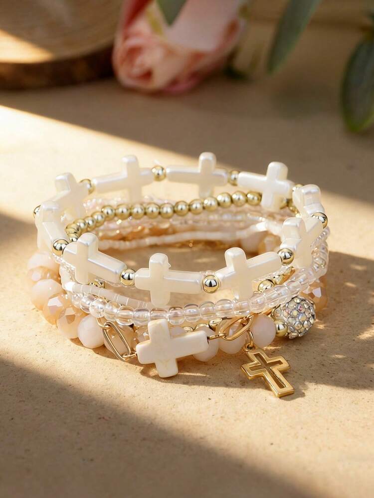 7-Piece Bohemian Vacation-Style Cross Bowknot Crystal Bead Bracelet Set, Suitable For Ladies To Wear During Vacations And Music Festivals - Multicolor - View 3