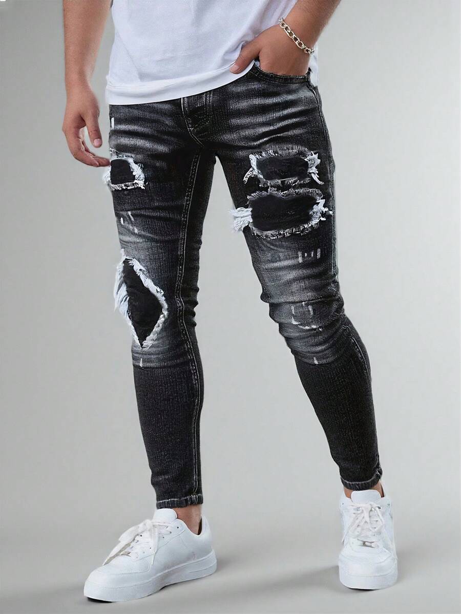 Men's Streetwear Black Washed Heavy Ripped Frayed Distressed Jeans - Skinny Stretchy Fit Destroyed Denim Pants - 黑色 - 查看 1