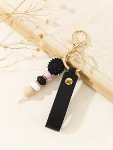 Customized PU Leather Keychain, Daisy Beaded Keyring With Customizable Name And Flower Pendant, Portable Monogram Bag Charm, Faux Pearl Key Accessory - Multicolor - View 11