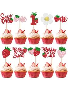 20pcs Berry Theme 1st Birthday Party Decorations, Sweet Strawberry Cake Decor, Shiny Delicate Berries, Suitable For Baby's 1st Birthday Cake Decor, Baby Shower, 1st Birthday, Toddler's 1st Anniversary, Anniversary Celebration - Multicolor - View 1
