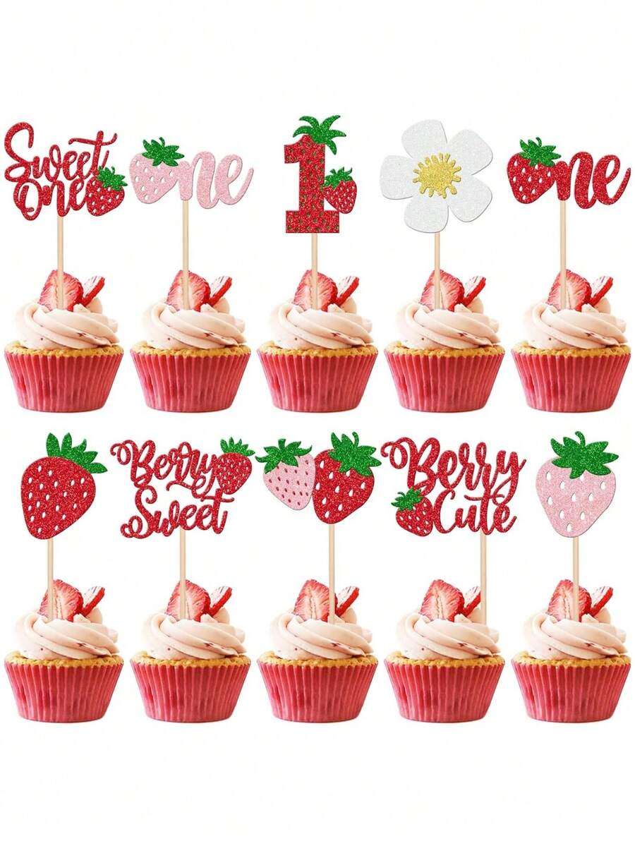 20pcs Berry Theme 1st Birthday Party Decorations, Sweet Strawberry Cake Decor, Shiny Delicate Berries, Suitable For Baby's 1st Birthday Cake Decor, Baby Shower, 1st Birthday, Toddler's 1st Anniversary, Anniversary Celebration - Multicolor - View 1