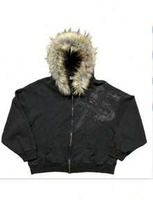 Men's Y2K Zip Up Hoodie Fur Hooded Jacket Warm Winter Coat For Men With Hood Fur Collar Streetwear - 黑色 - 查看 5