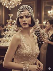 1件手工串珠珍珠发箍，异域风情格纹发带，20世纪20年代复古宴会风格头饰，婚礼摄影个性化帽子 - 銀色 - 查看 3