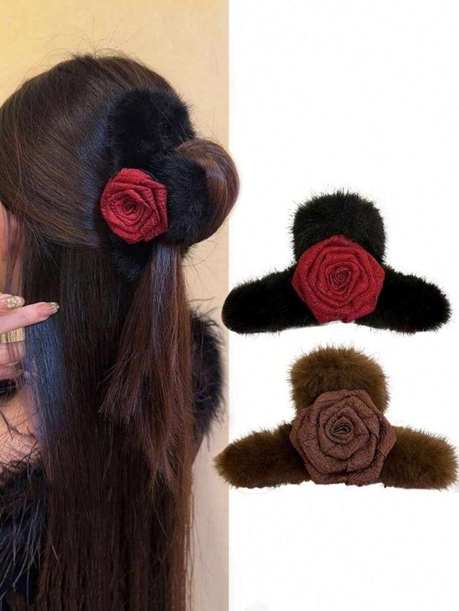 Women's Hair Clip Features An Elegant Plush Rose Design. Its Minimalist Style And Availability In Black And Brown Make It Suitable For Everyday Wear, As Well As For Occasions Such As Home, School, Beach, Work, Parties, Vacations, Birthdays, Back-To-School Celebrations, New Year's Day, Valentine's Day, Mother's Day, Weddings, Music Festivals, And Autumn/Winter Events. Women Hair Accessories Elegant Hair Claws Fashion Claw Clip - Multicolor - View 1