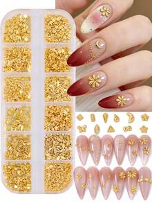 12格迷你金色美甲装饰，DIY金色心形长方形水滴形蝴蝶结美甲配件，美甲用品，美甲饰品，Y2K美甲饰品 - 金色 - 查看 3