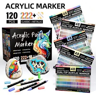 24pcs/48 Colors (Color Theme) & 122pcs/240 Colors Dual-Tip Acrylic Marker Pen Set, Suitable For Rock Painting, Glass And Wood Painting, Comics And Sketching, DIY Crafts, Back To School Supplies, Gift For Boys & Girls Students