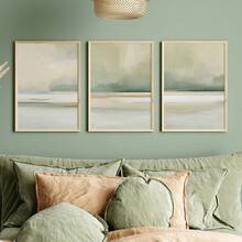 3 Stücke, abstrakte Leinwanddruckkunst, Küstenlinie, moderne abstrakte Landschaftsölmalerei, salbeigrüne Kunst, geeignet für Wanddekoration Zuhause, ohne Rahmen - Verschiedenfarbig - Übersicht 1