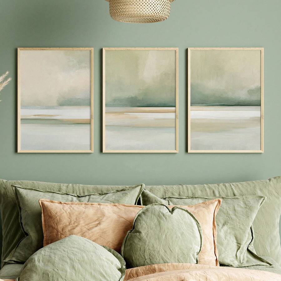 3 Stücke, abstrakte Leinwanddruckkunst, Küstenlinie, moderne abstrakte Landschaftsölmalerei, salbeigrüne Kunst, geeignet für Wanddekoration Zuhause, ohne Rahmen - Verschiedenfarbig - Übersicht 1