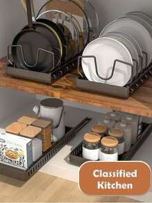 [Expandable Organizer With Utensil Rack] 2pcs  Expandable Kitchen Organizer With Pot Lid Holder, Utensil Rack, Dish Drainer & Pull-Out Drawer - Space-Saving Storage Solution - Black - View 5