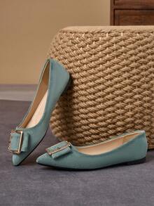 WHDXY 女士复古薄荷绿麂皮尖头鞋，配金属水钻搭扣，适合搭配连衣裙和裤子 - 薄荷綠 - 查看 2