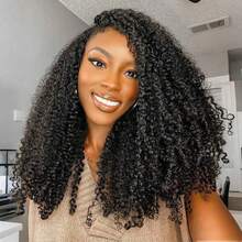 Afro Kinky Curly Half Wig Human Hair 200% Density Wear And Go Glueless Wigs Human Hair 16 Inch Curly 3 In 1 Half Wigs For Women Drawstring Seamless Flip Headband Wig Beginner Friendly Valentine's Day Gifts - Natural Black - View 3