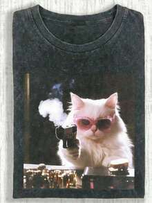 Áo thun nữ mùa hè bằng vải cotton đã qua xử lý, in hình mèo con, kiểu dáng giản dị, rộng rãi, cổ tròn, tay ngắn. Màu đen. - màu đen - Xem 1