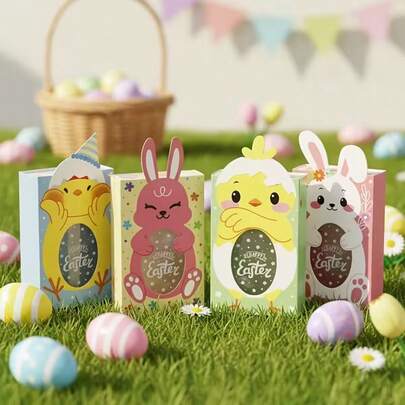 4pcs Easter Themed Rabbit & Chick Design Gift Paper Boxes | Happy Easter Party Favor Candy Boxes, Made Of Paper, Universal Size